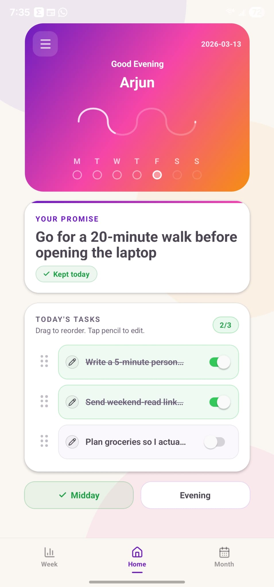 Spashta morning check-in screen