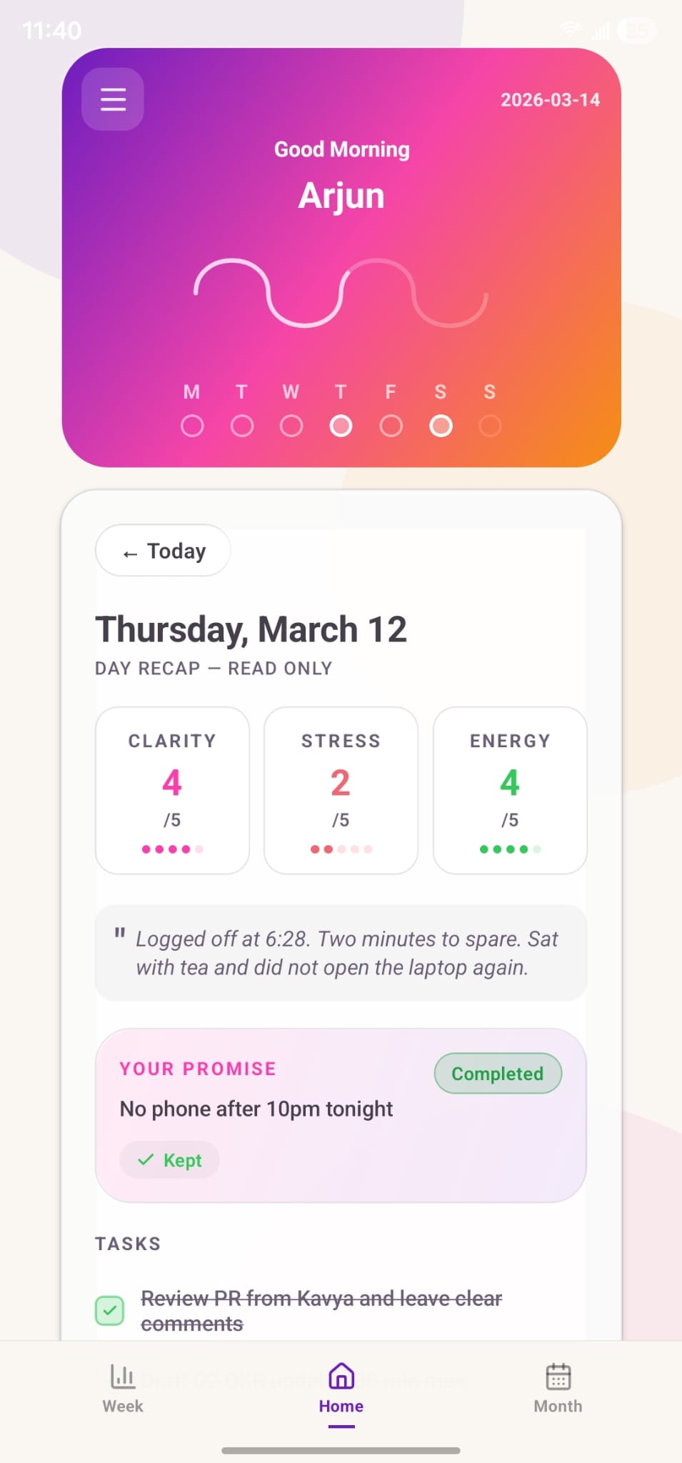 Daily history and check-in recap screen